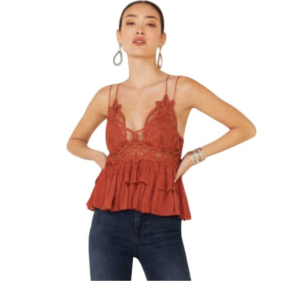Free People Adella Cami NWT Winding Roads Rust Crochet Lace Peplum Ruffle XS - Picture 1 of 16